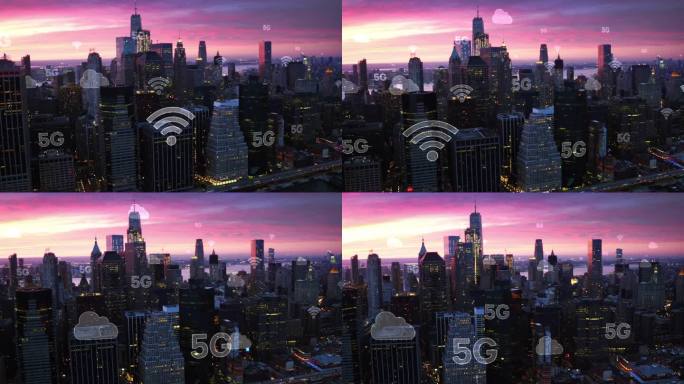 通过5G连接的空中城市。无线网络、移动技术概念、数据通信、云计算、人工智能、物联网。纽约的天际线。未