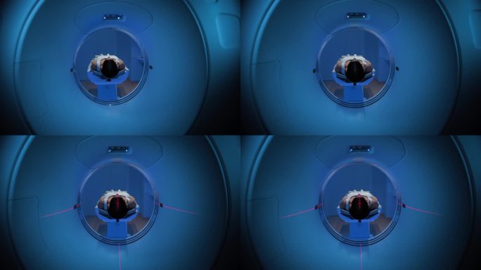 在拥有高科技设备的医学实验室中，躺在CT或MRI扫描床上的匿名女性患者在专业监护下接受扫描程序。床向