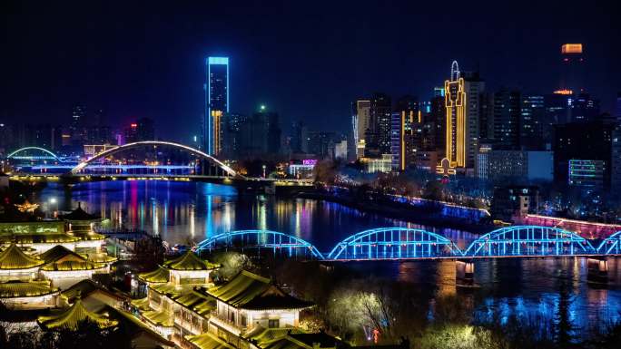 中山桥黄河唯美夜景灯光延时摄影