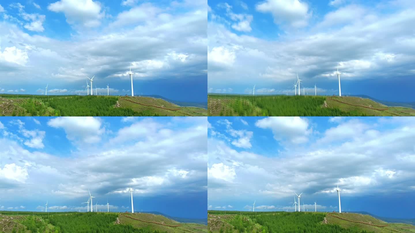 蓝天白云草原上的电力新能源大风车
