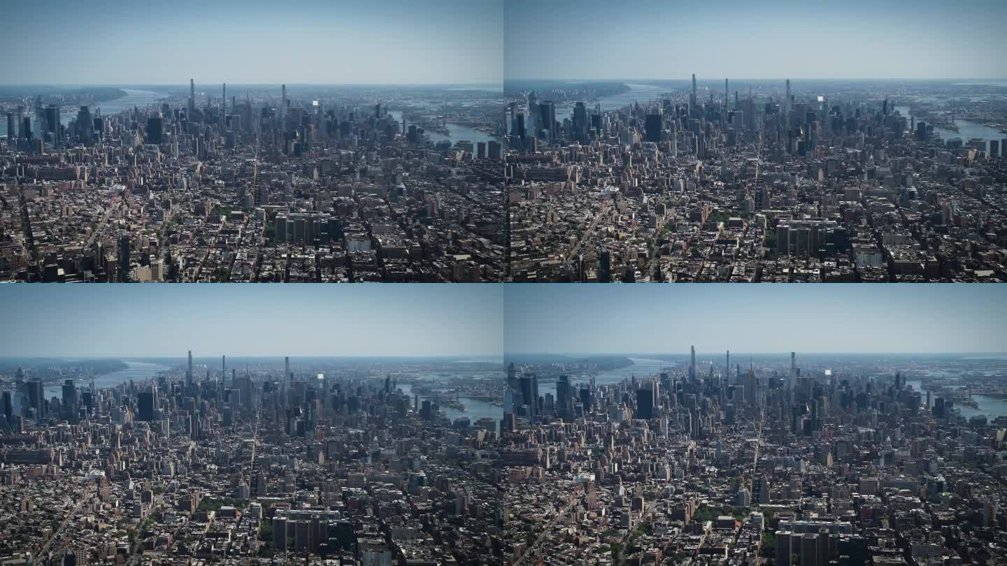 从空中俯瞰纽约下城的曼哈顿建筑。从直升机上拍摄的中城金融区全景镜头。城市景观与办公大楼和摩天大楼