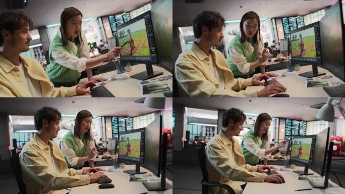 白人男性游戏设计师使用桌面电脑和3D建模软件，与游戏开发工作室办公室的亚洲女性艺术总监交谈。不同的同