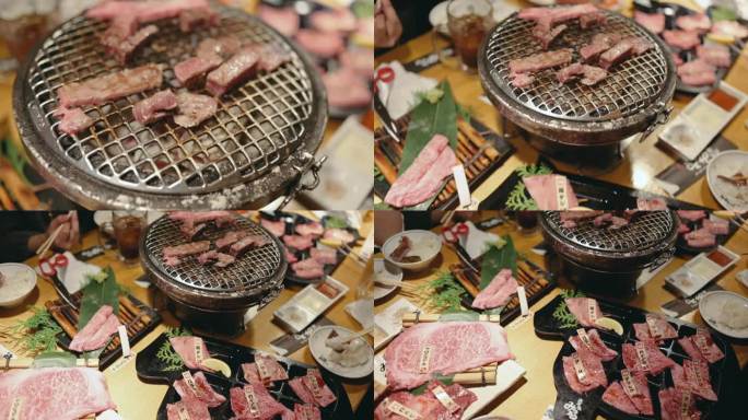 在日本大阪，亚洲女游客正在吃烧牛肉A5和最昂贵的肉