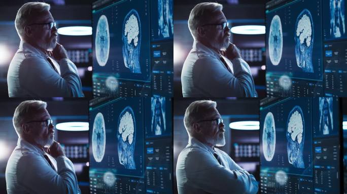 医学研究中心:白人男性的特写:神经学家、神经科学家、神经外科医生，看着电视屏幕上的大脑MRI扫描图像