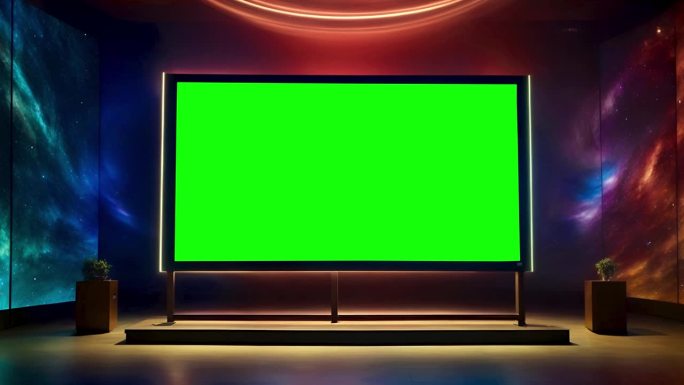 在假想的抽象位置放置绿色背景或色度键背景，从屏幕上放大的动画插图。