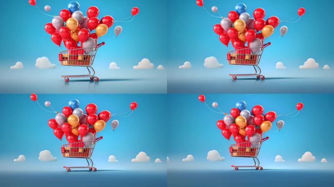 蓝天白云下的双十一电商购物节购物车、气球