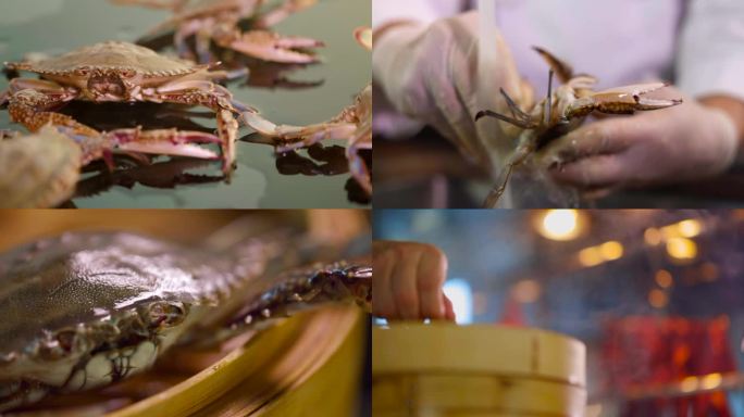 厨师制作蒸煮螃蟹河蟹青蟹冲洗新鲜螃蟹