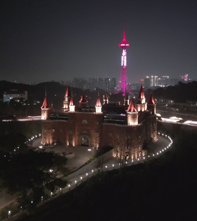 四川文化娱乐城玄珠湖公园城堡夜景航拍竖拍