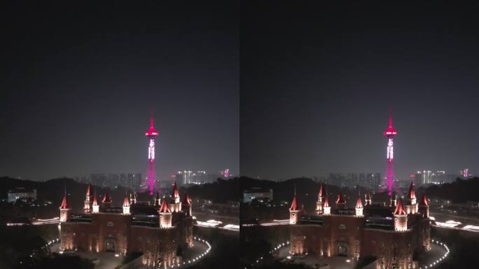 四川文化娱乐城玄珠湖公园城堡夜景航拍竖拍
