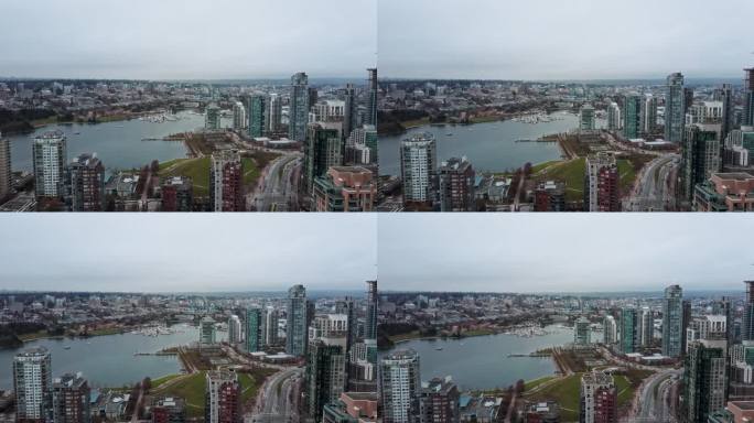 温哥华城市的高角度平移镜头。汽车在港口旁繁忙的街道上行驶