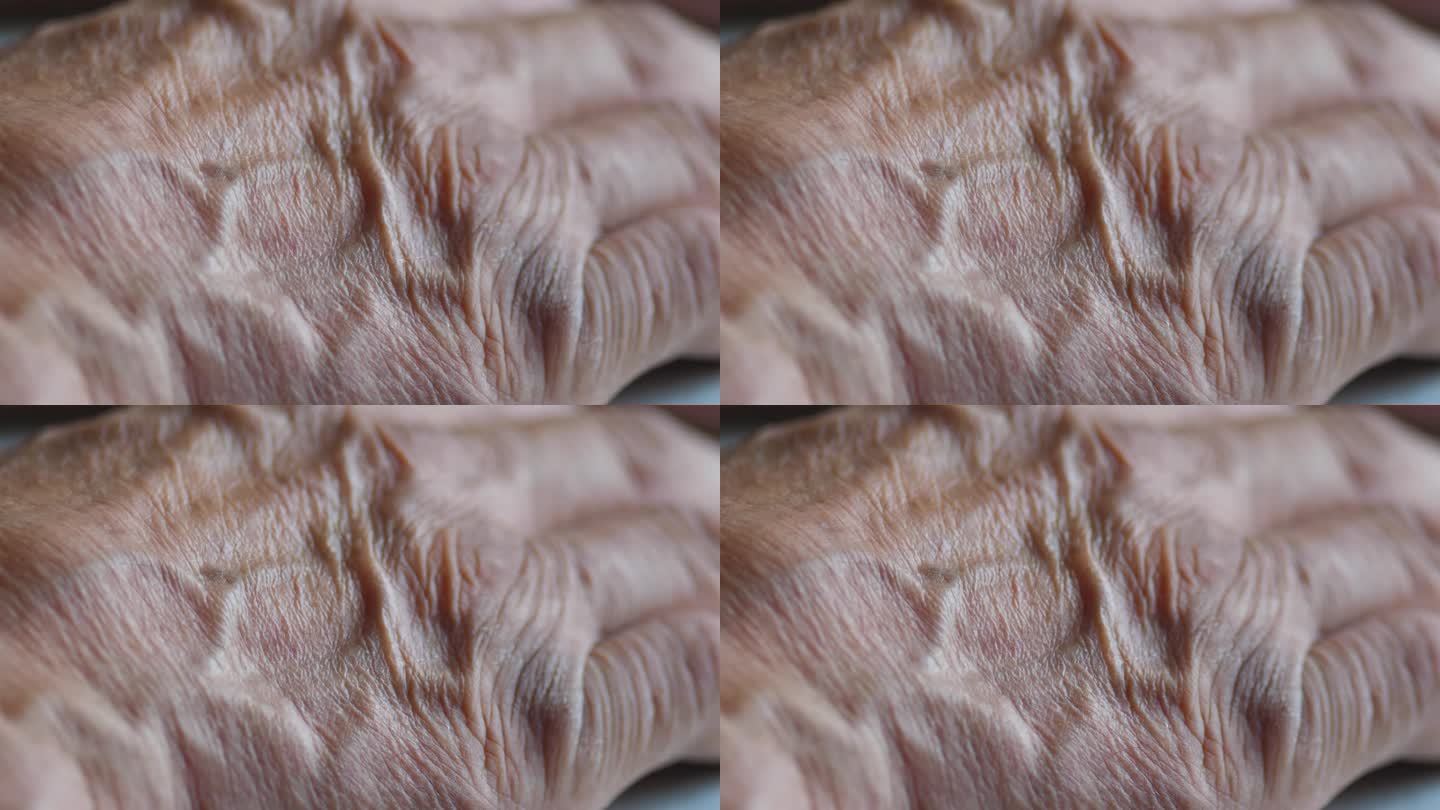 退休老人布满皱纹和静脉的手掌特写。老人手上的衰老皮肤。养老金领取者的概念。老人身体的一部分