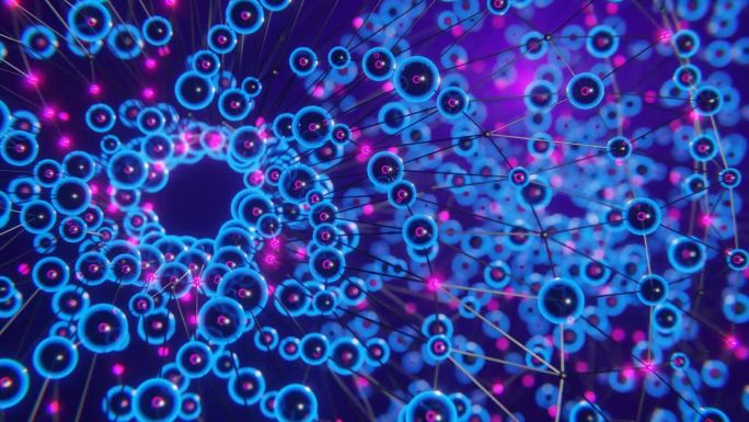 微观生命，液体中的有机分子，三维渲染，球体——原子和化合物——棒的分子结构可见，动力学运动