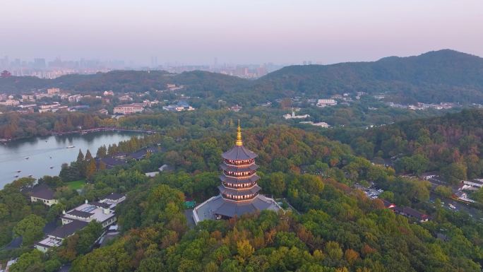 唯美杭州西湖雷峰塔景区大自然风光航拍杭州