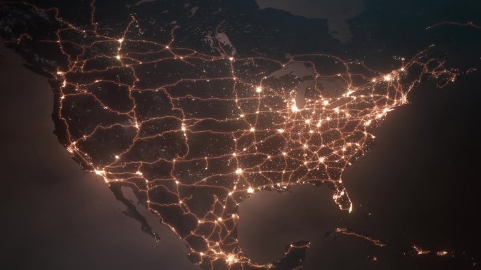 北美夜间-城市灯光和运输路线-全球商业，经济，供应链