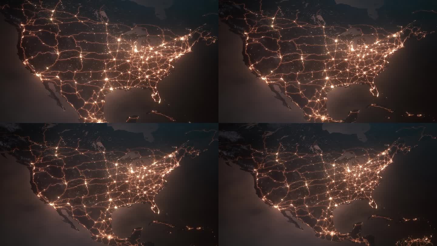 北美夜间-城市灯光和运输路线-全球商业，经济，供应链