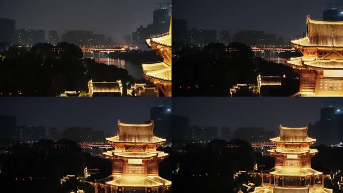 湖南省衡阳市东洲岛夫子楼夜景航拍