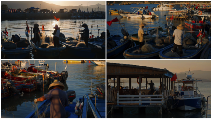 夕阳大海渔船渔民渔村