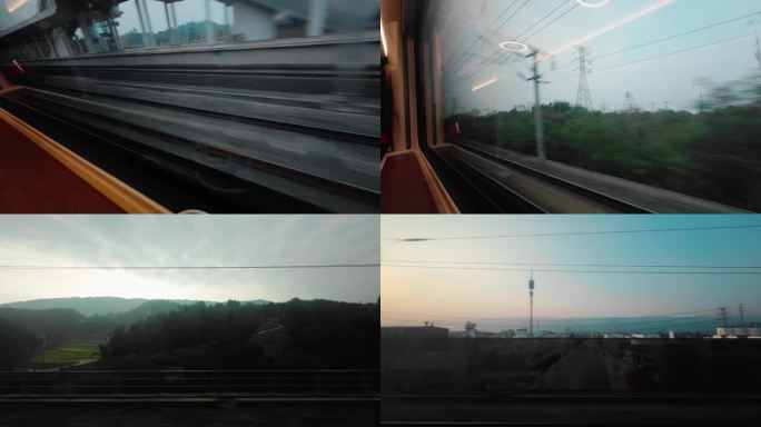 春节回家在路上火车行驶窗外风景飞速掠过