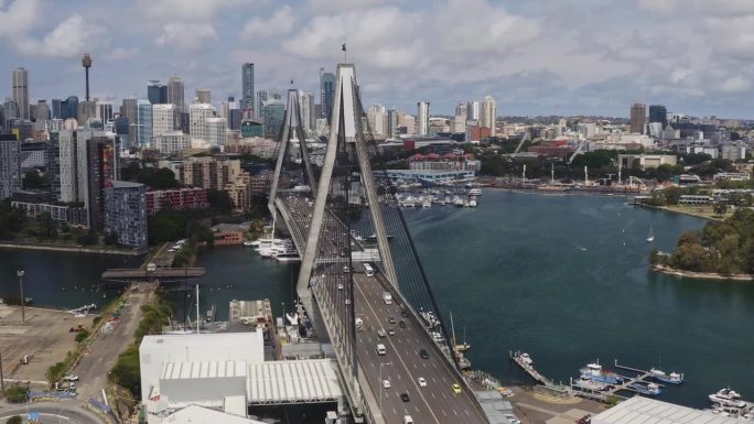 悉尼城市鸟瞰图，澳新军团大桥与早晨的交通和城市天际线