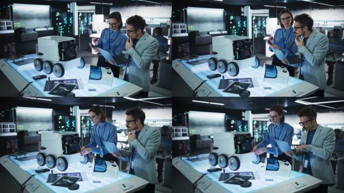 两位在研究机构工作的同事的肖像，使用笔记本电脑开发用于自动送货的未来机器人。工程师们正在改进他们的原