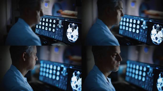 医院研究实验室:男性医学科学家使用计算机与脑扫描MRI图像。专业神经学家分析实时CT扫描诊断病人。在