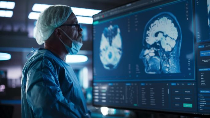 医院研究实验室:白人男性神经外科医生的肖像，看着电视屏幕与患者的大脑MRI扫描，分析，准备复杂的神经