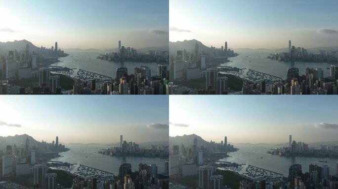 香港大景航拍维多利亚港太平山日落延时风光