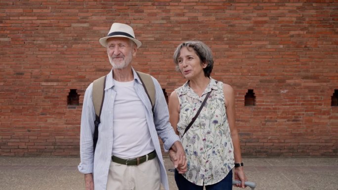 老年高加索游客夫妇悠闲地漫步在护城河和老城墙附近的老城。清迈著名的旅游景点。老男人和女人愉快地散步和