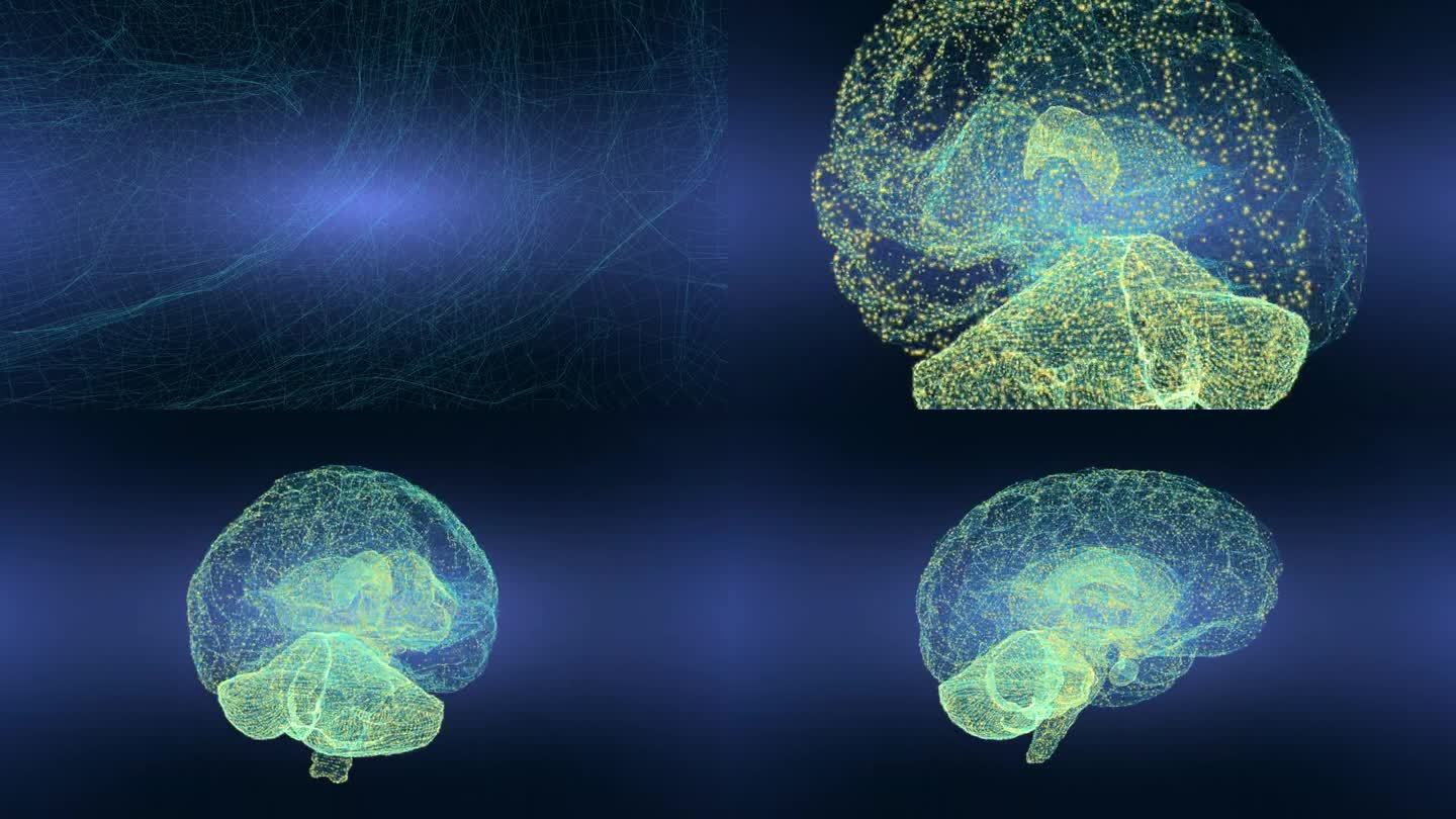 缩小在蓝色背景下工作的3D大脑模型神经元
