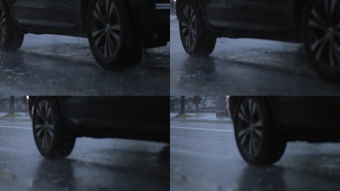 雨天汽车轮胎溅水，800 fps超级慢动作人行道场景