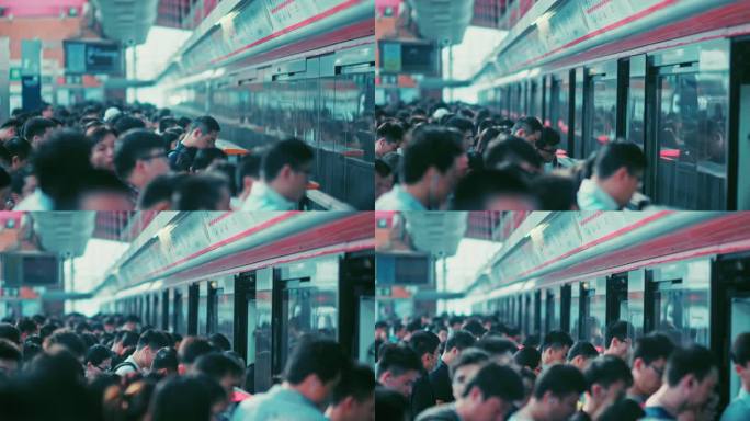 上下班地铁客运高峰，地铁站台春运人流客流