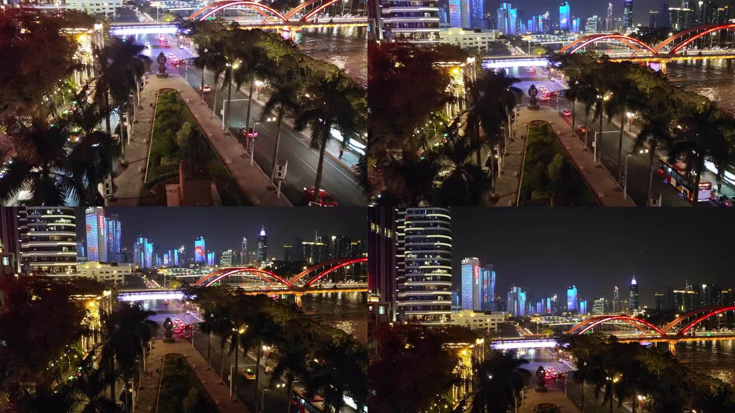 珠江夜景解放桥长堤大马路工人雕像_8K