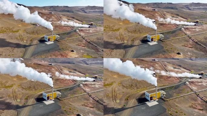 现代地热能发电厂工作，工厂工作与烟雾，位于风景如画的冰岛火山景观。