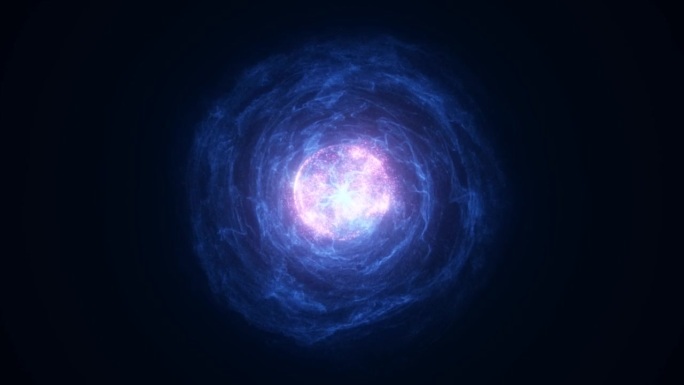 抽象能量魔法蓝紫色球体球原子圆形分子发光明亮的电子小圆形粒子飞行点在黑色的背景