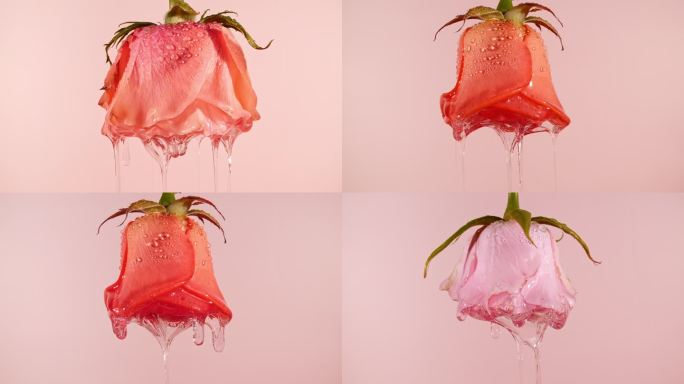 透明的化妆品凝胶液体滴油与玫瑰在粉红色的背景。生产特写。慢动作