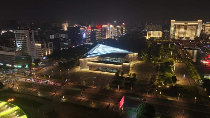 广东省东莞市玉兰大剧院夜景航拍