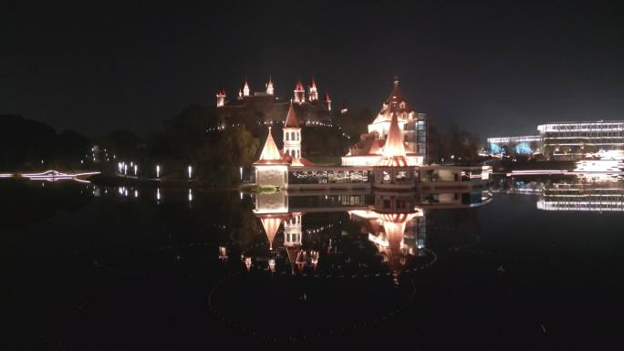 四川文化娱乐城玄珠湖公园城堡夜景航拍