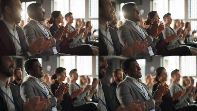 一名非洲男子坐在科技会议拥挤的礼堂里。黑人商人听主题演讲。专家观看创新技术展示并与观众鼓掌。慢动作
