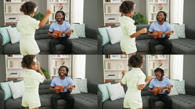 非裔美国父亲和女儿在家里弹尤克里里舞