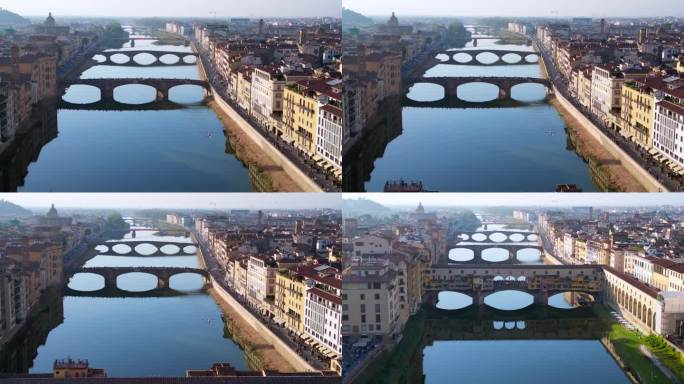 令人惊叹的空中俯瞰飞行
中世纪桥镇佛罗伦萨河意大利托斯卡纳。超移运动延时
4 k的电影