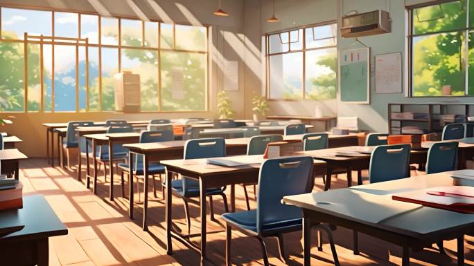 阳光照射进温暖温馨的学校教师桌椅上