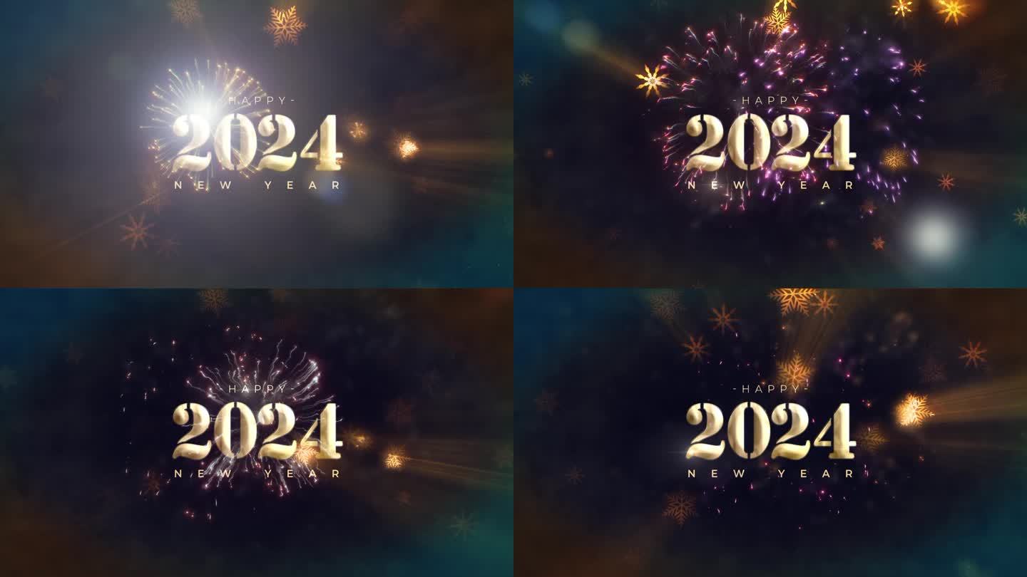 2024新年快乐金色的文字闪耀着金色雪花颗粒和烟花梦幻般的电影标题在黑色抽象的背景。