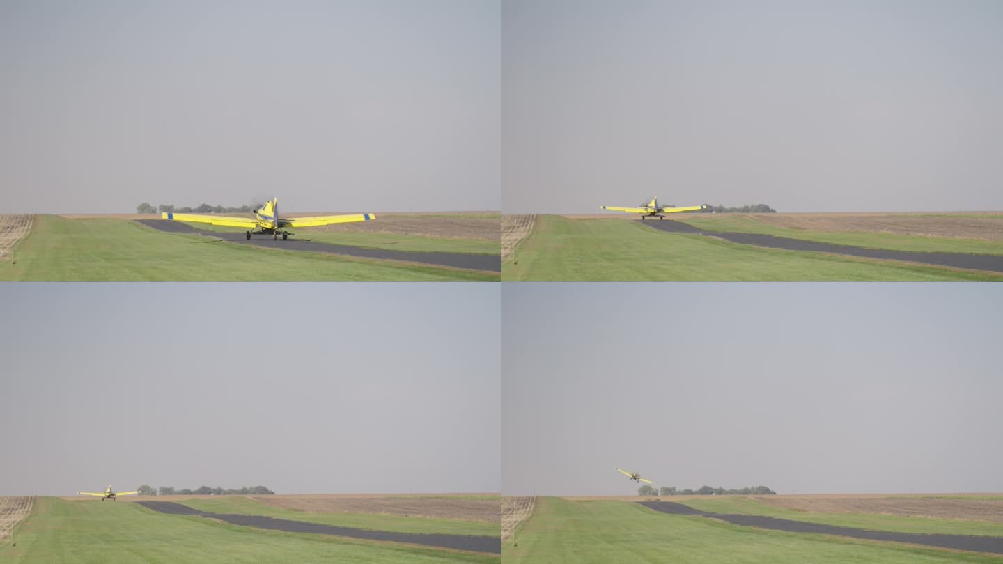 作物喷粉机从农村跑道起飞到种子农场