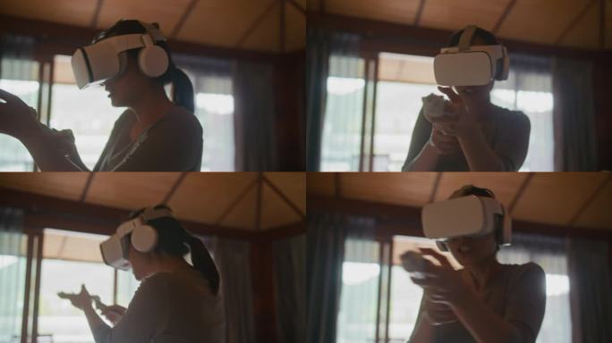 女人在家玩虚拟现实游戏