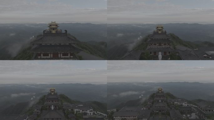 早晨的寺庙和金顶 山峰