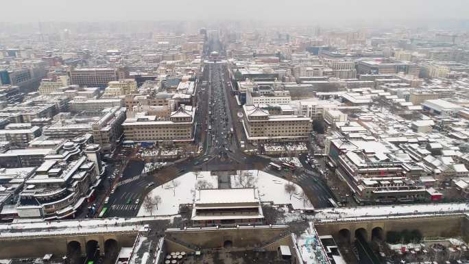 西安城墙雪景航拍