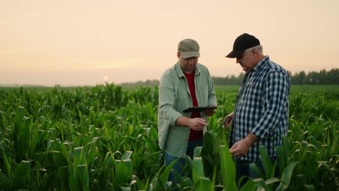 玉米地里的两个农民，现代农业经营技术与种植农作物