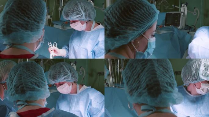 外科医生在手术室里工作，在手术室里有现代化的设备，用于神经外科和整形外科的医疗产品。医生团队进行全身