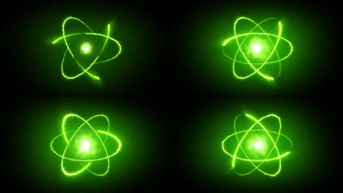 暗背景下的原子能量动画。发光的原子中心与原子粒子旋转。4K视频的科学和物理。3D