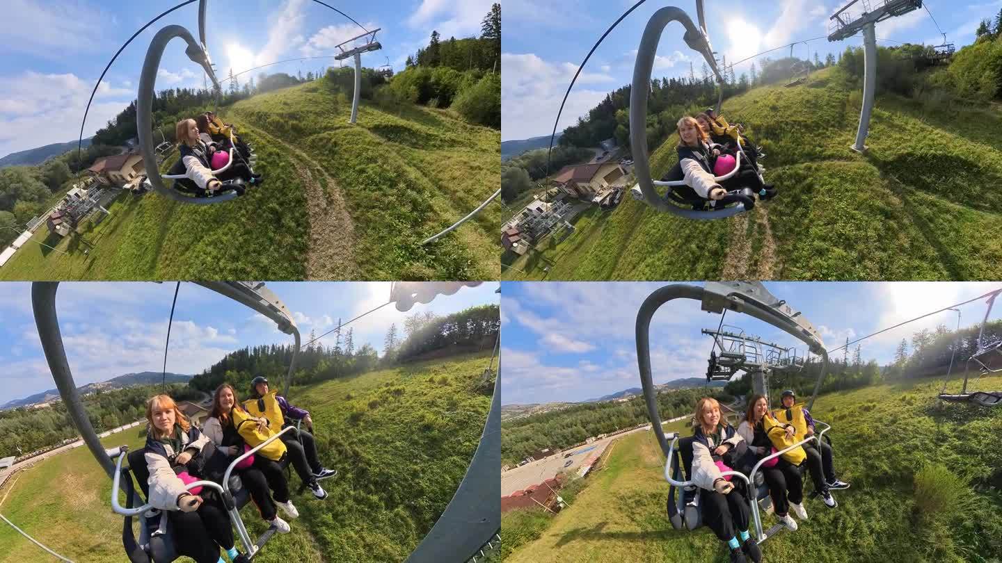 罗马尼亚的夏天，三个朋友乘缆车上山。